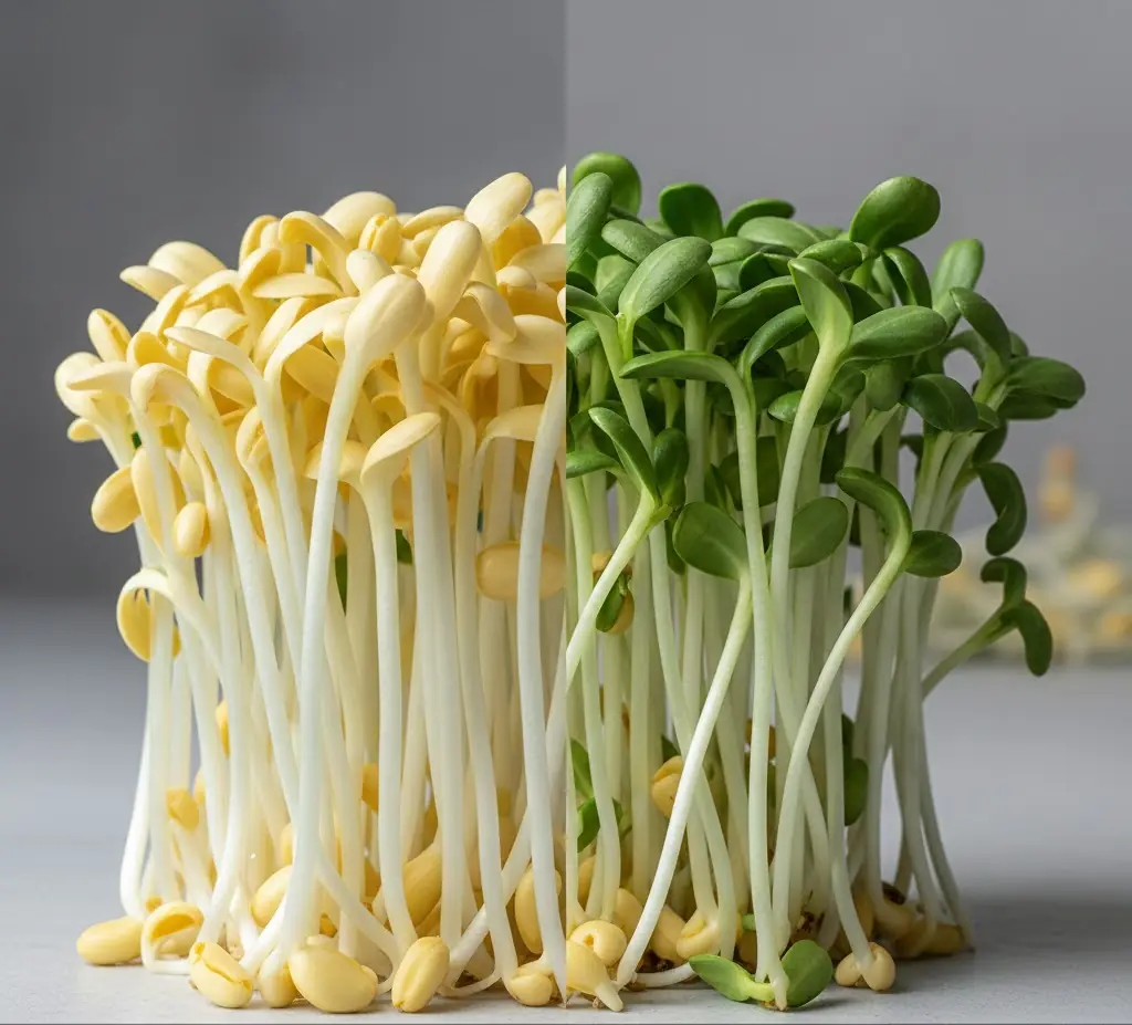Comparison of dark-grown vs light-exposed sunflower sprouts