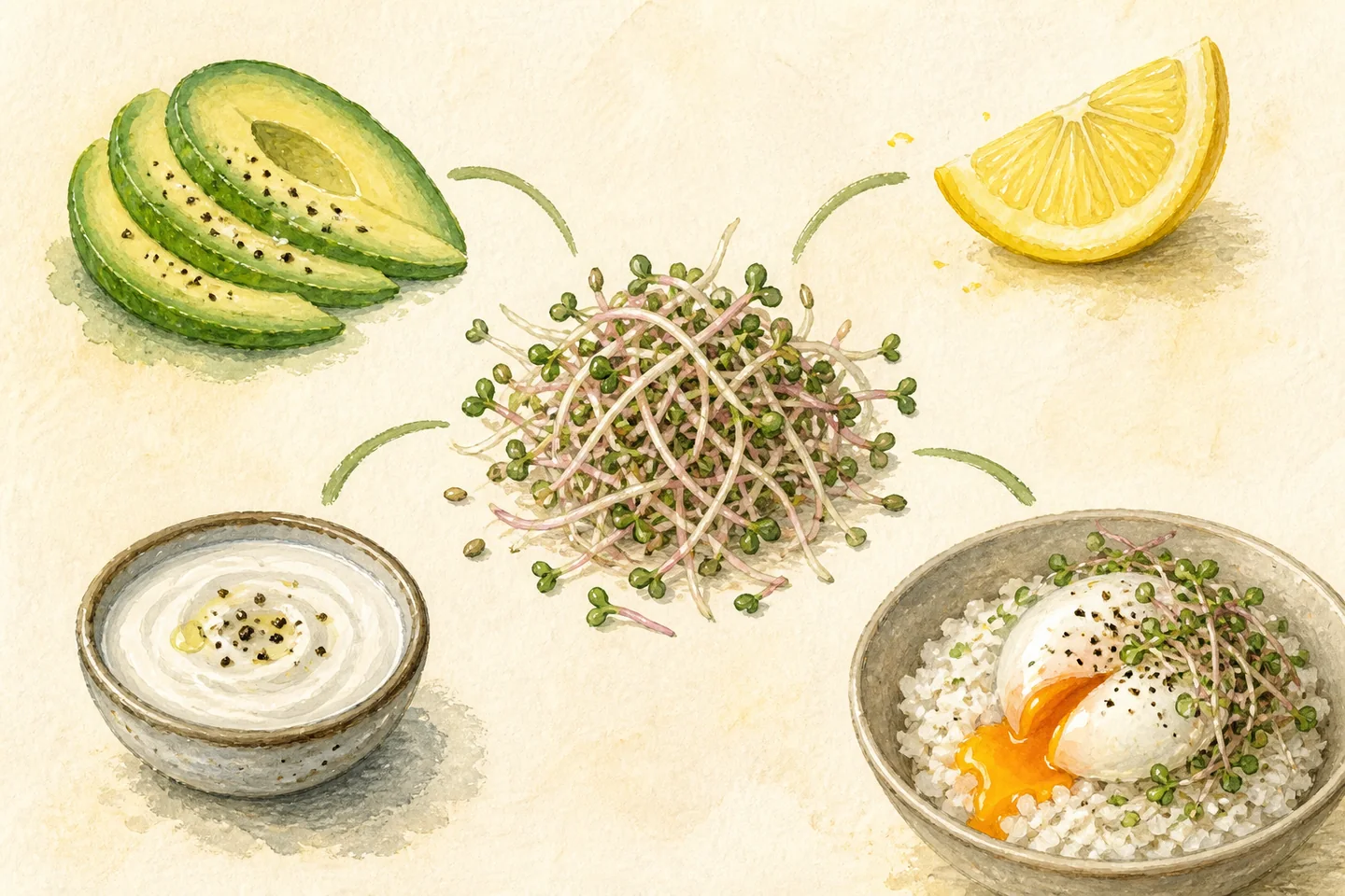 Illustrated radish sprouts surrounded by avocado, lemon, yogurt, rice and egg