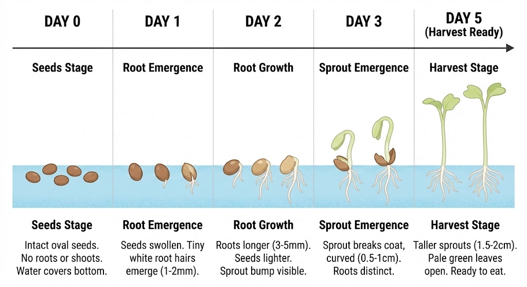 Broccoli sprout germination timeline from Day 0 to Day 5.