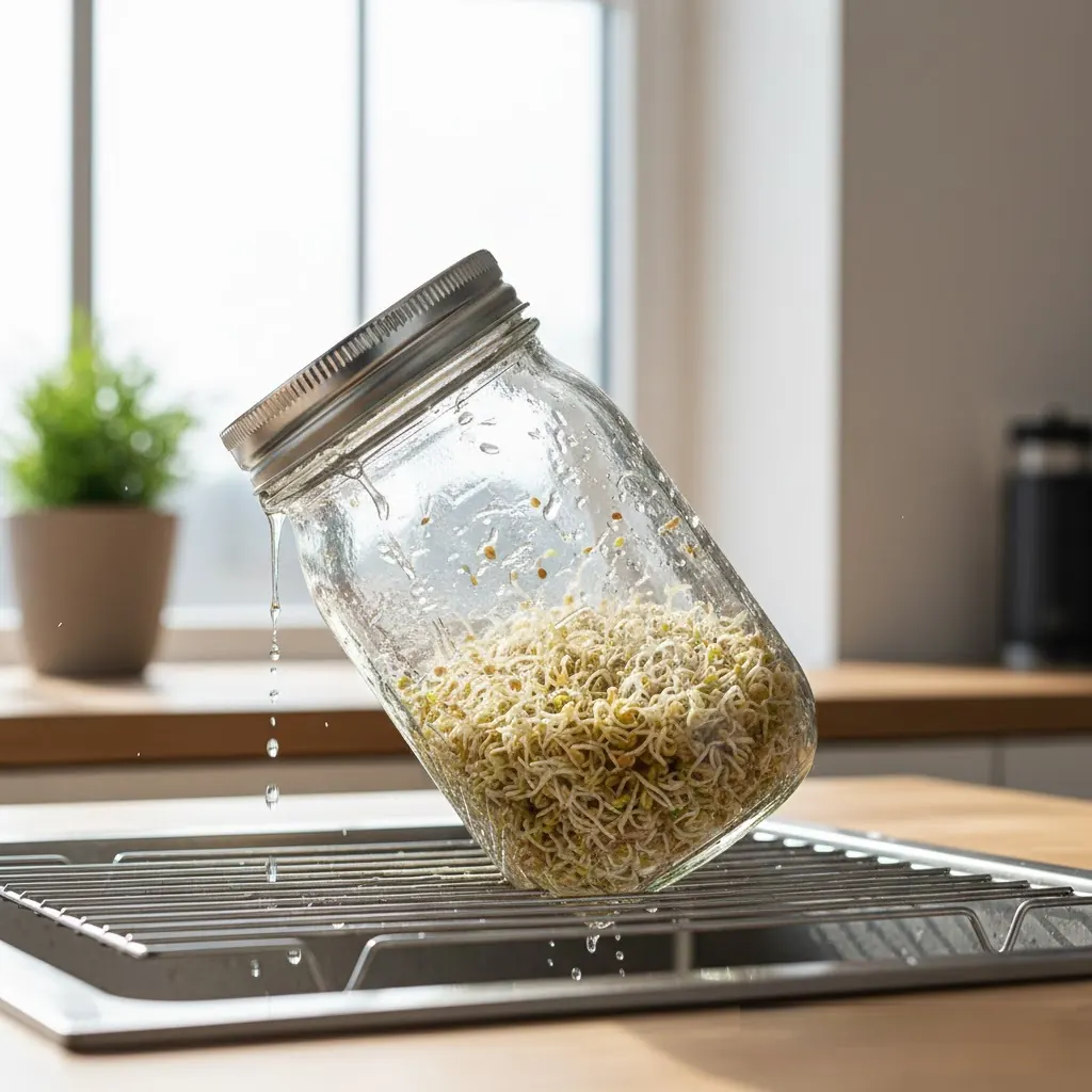  Alfalfa sprouting jar tilted at a 45-degree angle for optimal drainage and airflow