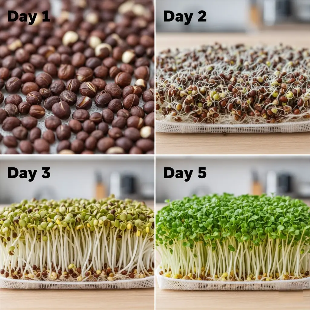 A 4-step growth timeline gallery of broccoli sprouts from germinating seeds on Day 1 to harvest-ready green sprouts on Day 5
