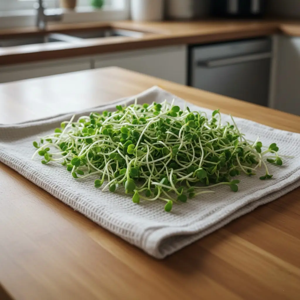 Freshly harvested broccoli sprouts spread out on a clean cotton towel for air-drying to ensure safe, mold-free storage