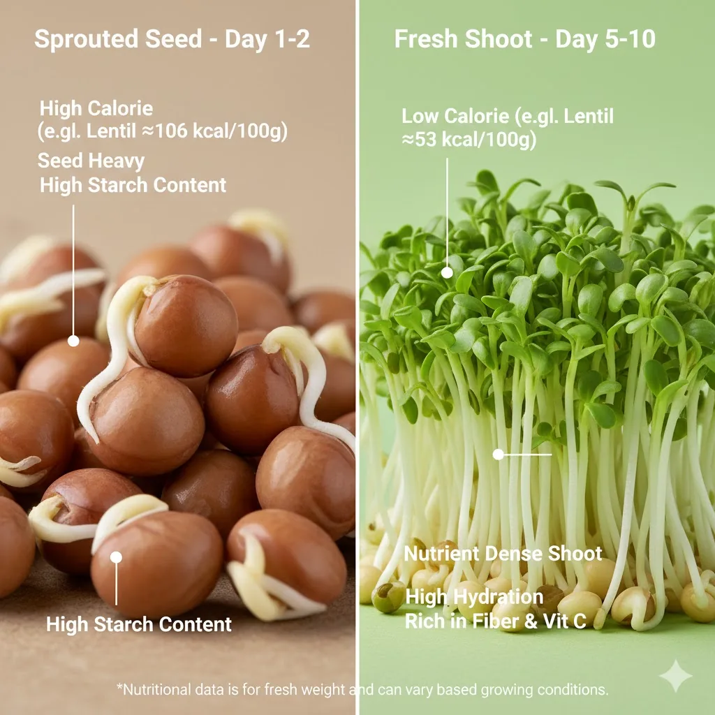 Comparison of calorie density between sprouted seeds and fresh shoots