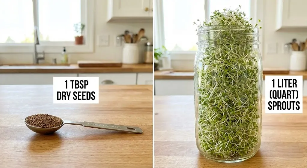 Comparison of one tablespoon dry alfalfa seeds vs one quart of full grown sprouts