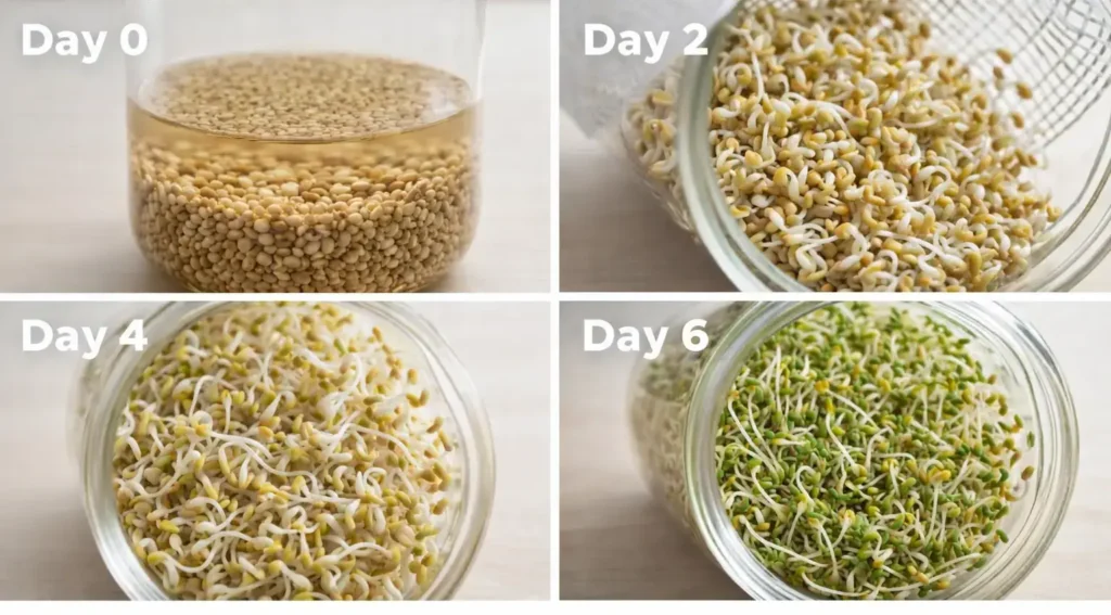 Day-by-day growth stages of alfalfa sprouts from seed to leafy greens