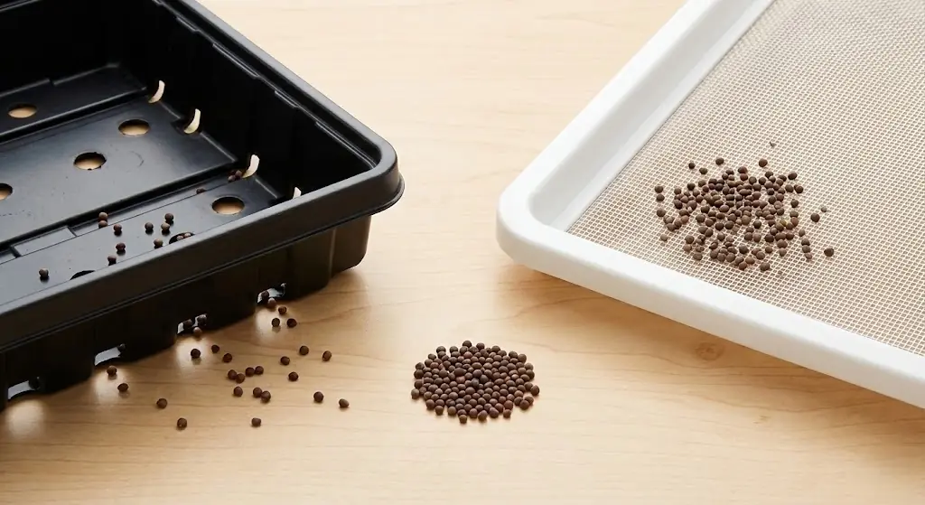 Comparison of a standard large-hole garden tray versus a fine-mesh sprouting tray, showing tiny broccoli seeds falling through large holes