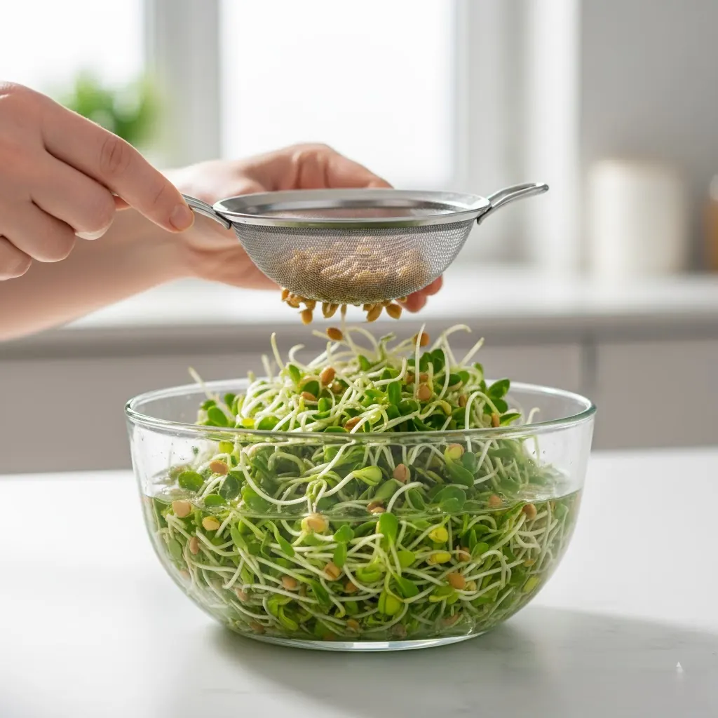 Removing brown alfalfa seed hulls in a bowl of water for better sprout texture