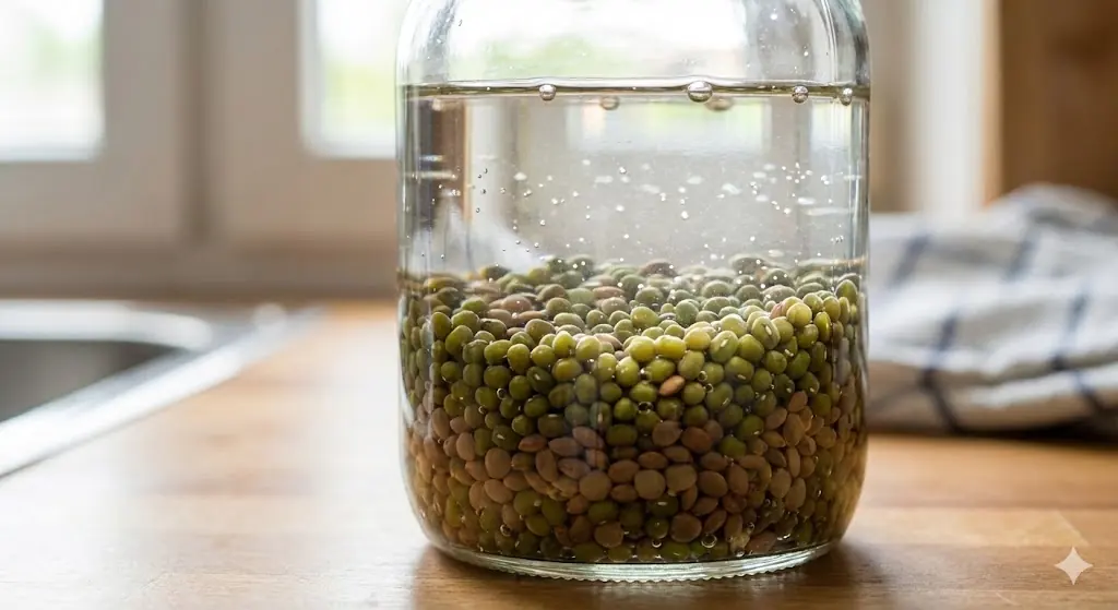 Soaking lentil and mung bean seeds for sprouting