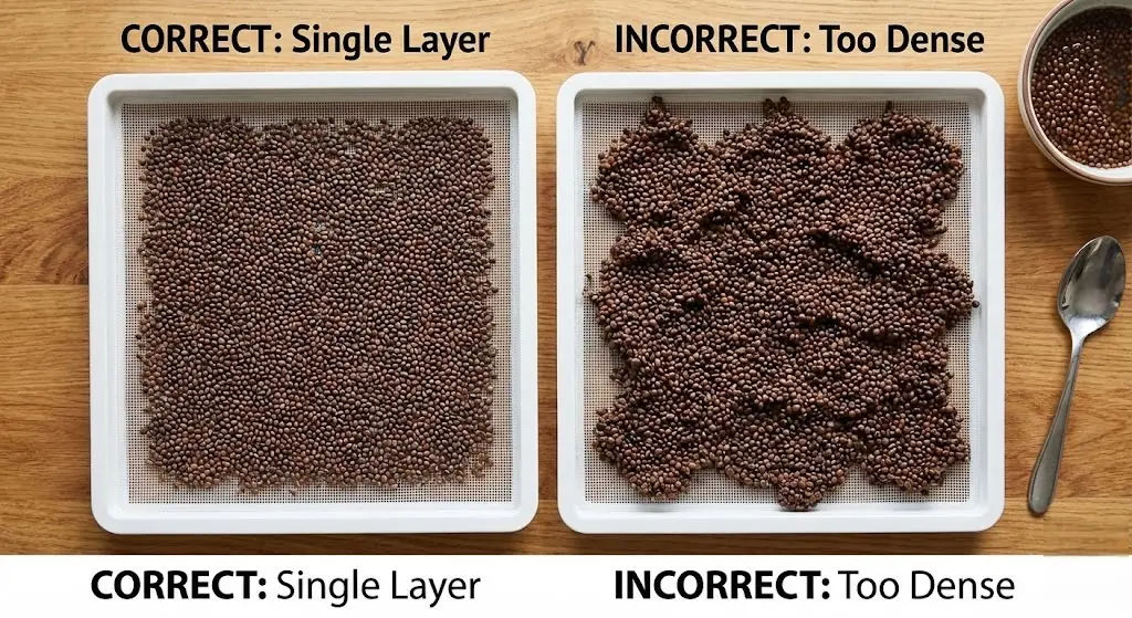 Overhead view of correct single-layer broccoli seed distribution versus incorrect overcrowded seeds in a tray to prevent mold