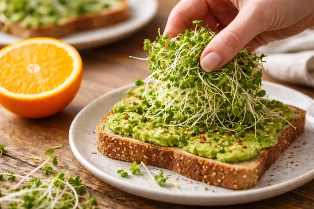 A 30g serving of broccoli sprouts compared to an orange