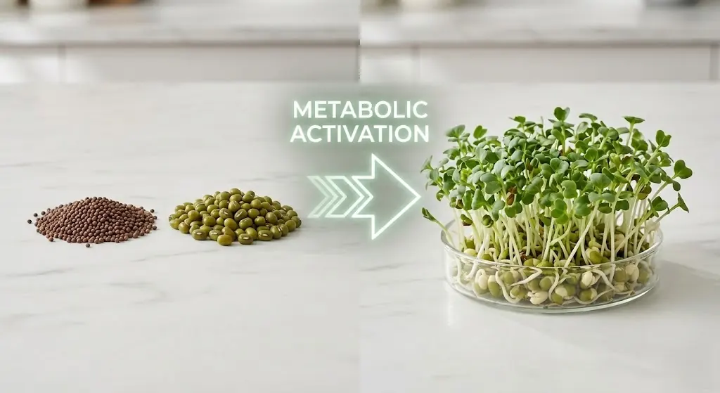 Dry seeds vs. sprouted seedlings showing nutrient activation