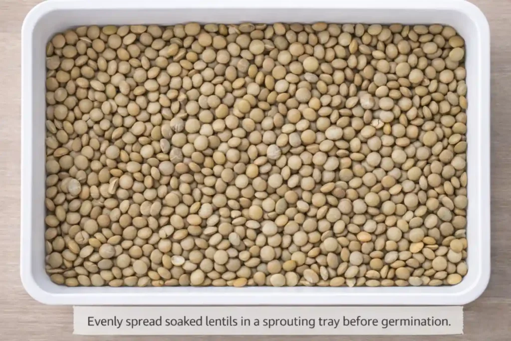 Evenly spread soaked lentils in a sprouting tray before germination.