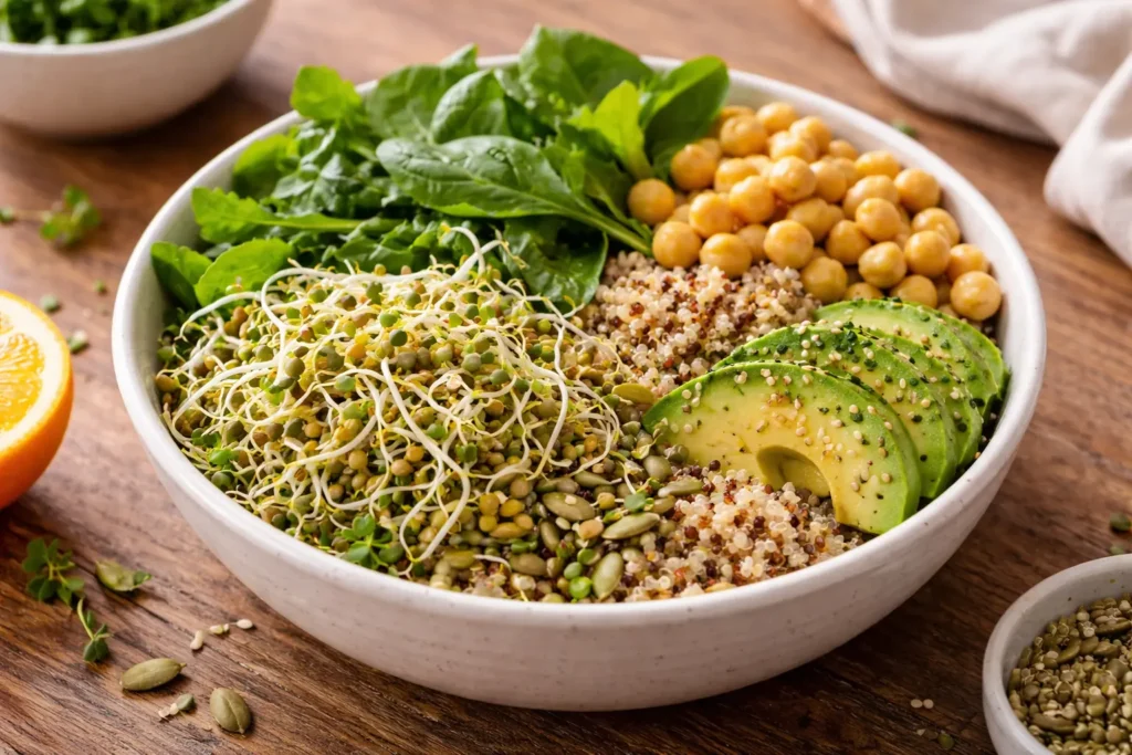 High fiber bowl with lentil sprouts