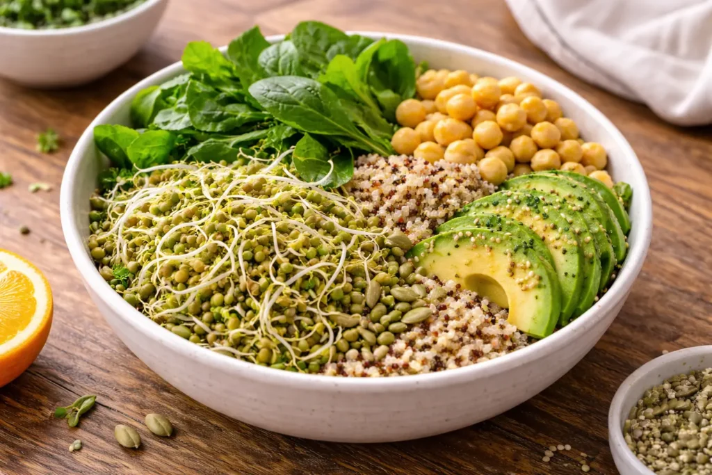 High protein bowl with lentil sprouts