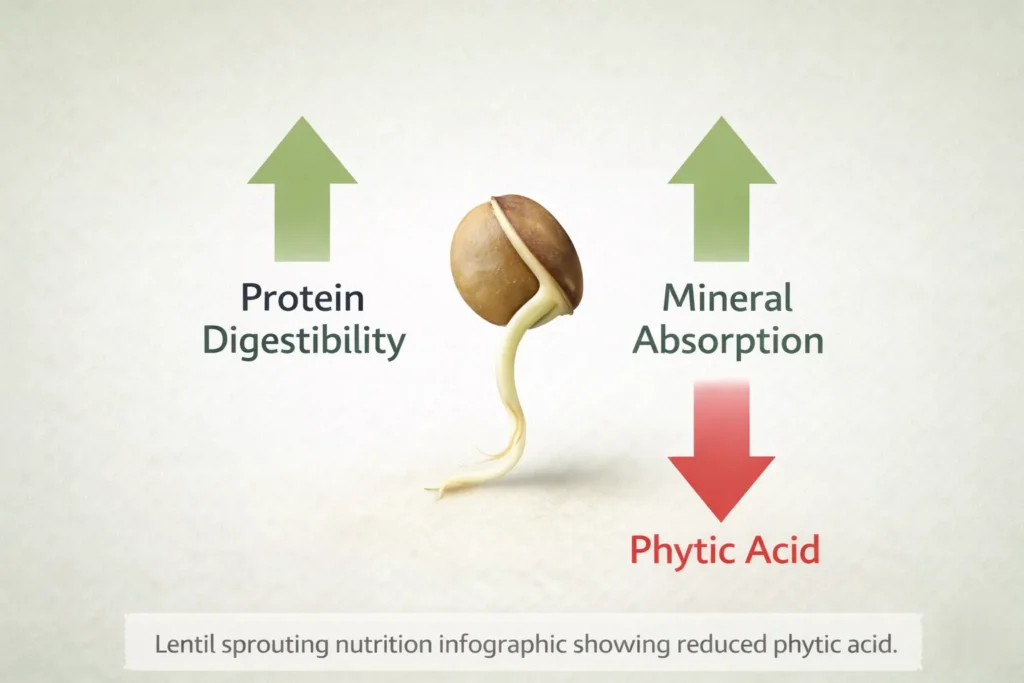 Lentil sprouting nutrition infographic showing reduced phytic acid