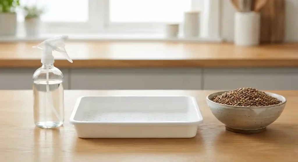 Lentil sprouting tray setup with lentils and spray bottle