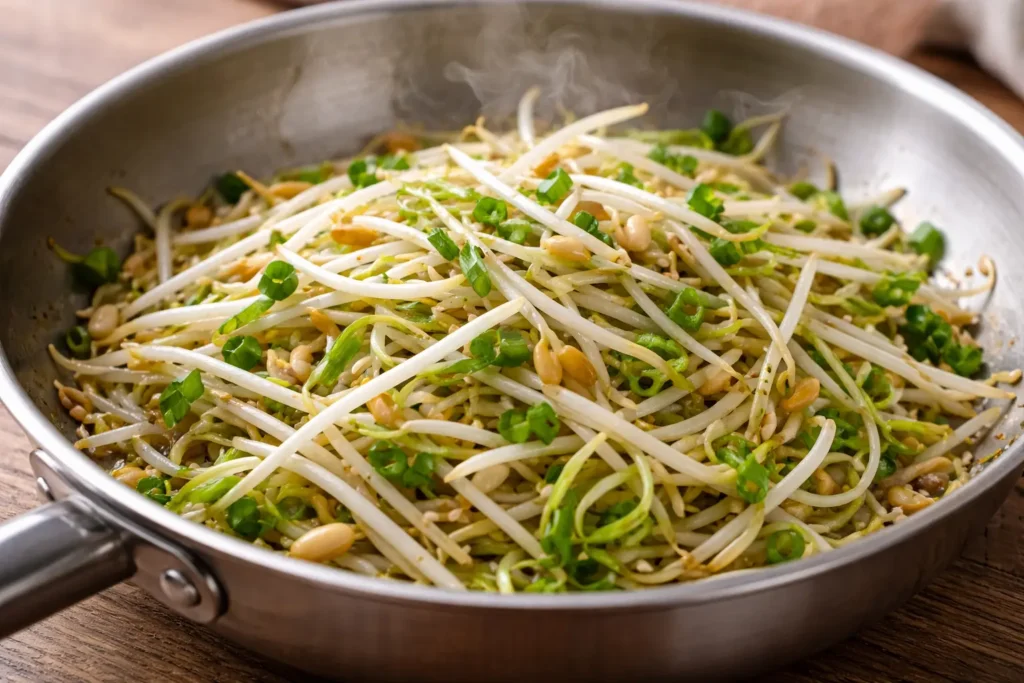 Lightly cooked bean sprouts in pan