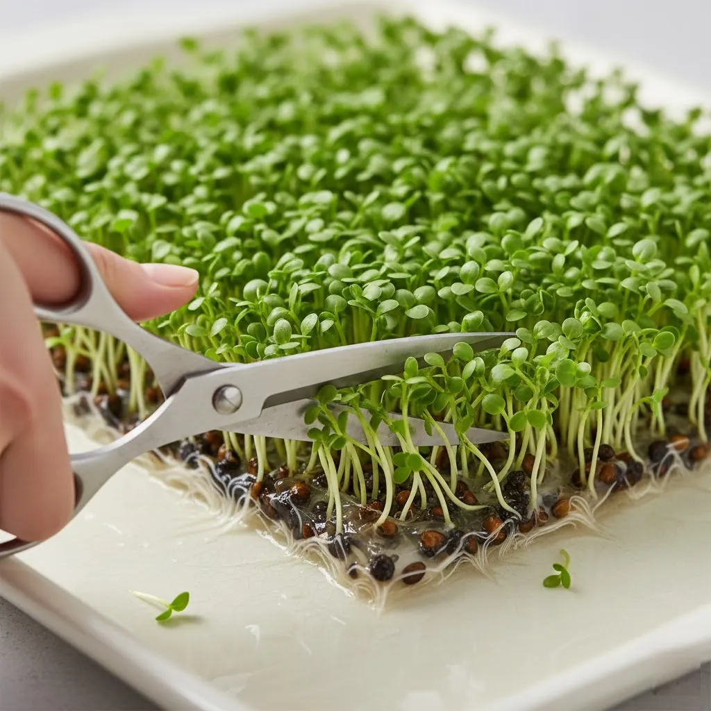 Scissors harvesting fresh chia sprouts
