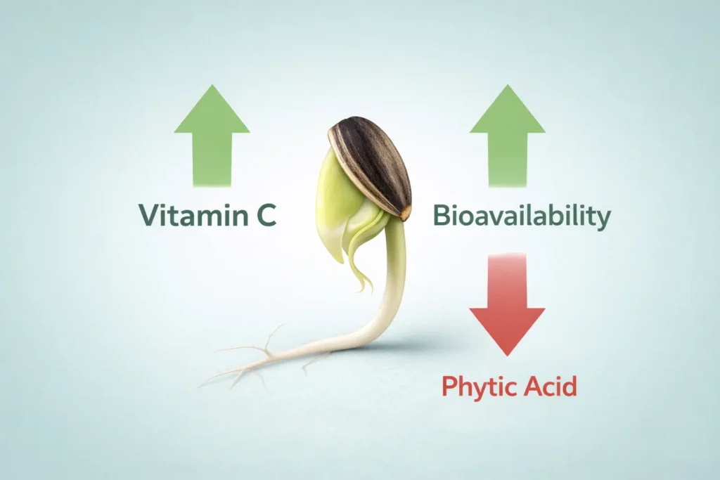 Sunflower sprout nutrition infographic showing vitamin C increase