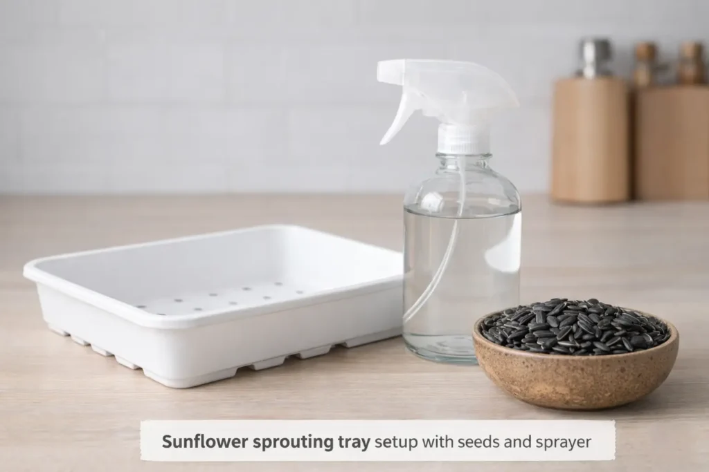  Sunflower sprouting tray setup with seeds and sprayer