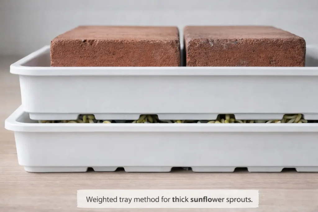 Weighted tray method for thick sunflower sprouts