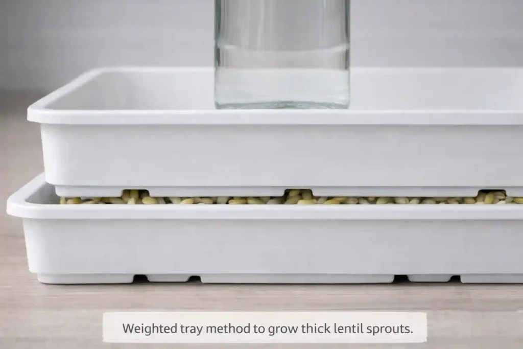 Weighted tray method to grow thick lentil sprouts