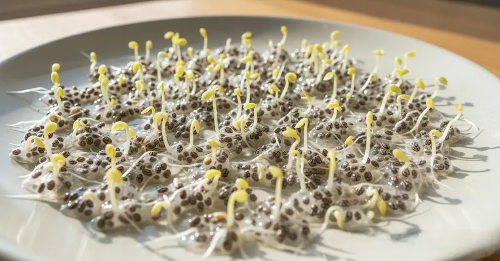 Chia sprouts with roots and cotyledons